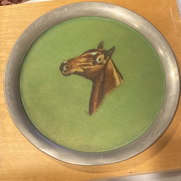 Vintage mid century serving tray horse head signed green fiberglass pewter rim